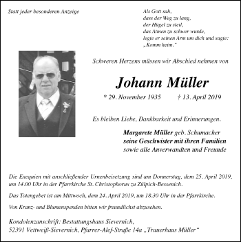 Anzeige von Johann Müller von  Blickpunkt Euskirchen 