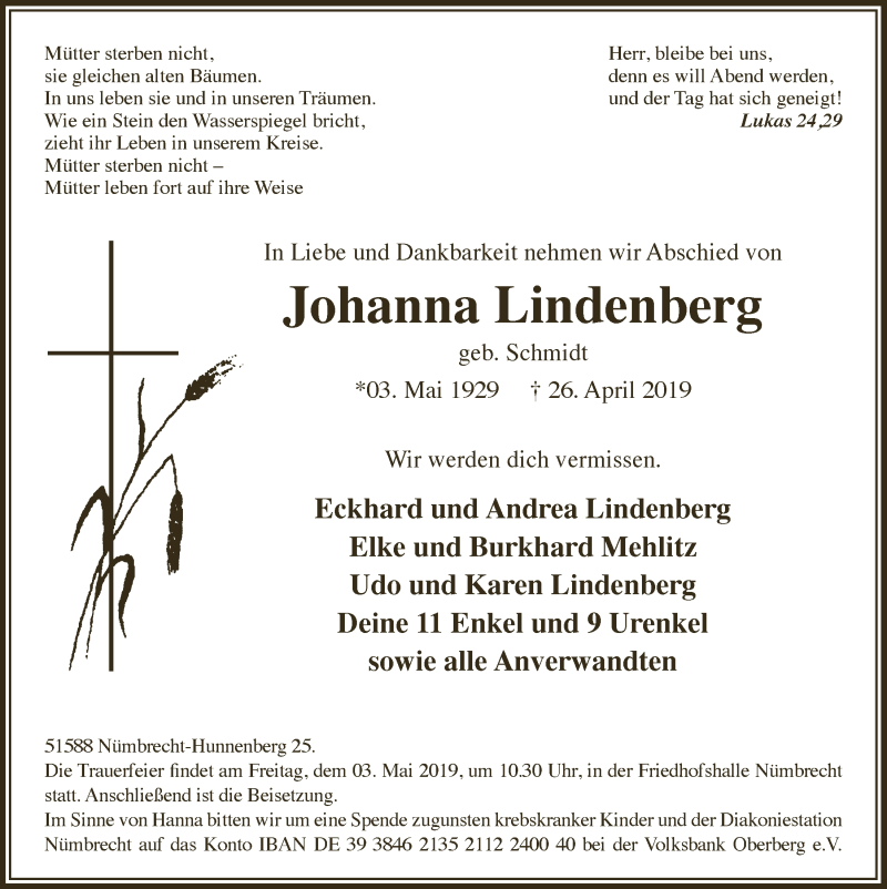  Traueranzeige für Johanna Lindenberg vom 30.04.2019 aus  Lokalanzeiger 