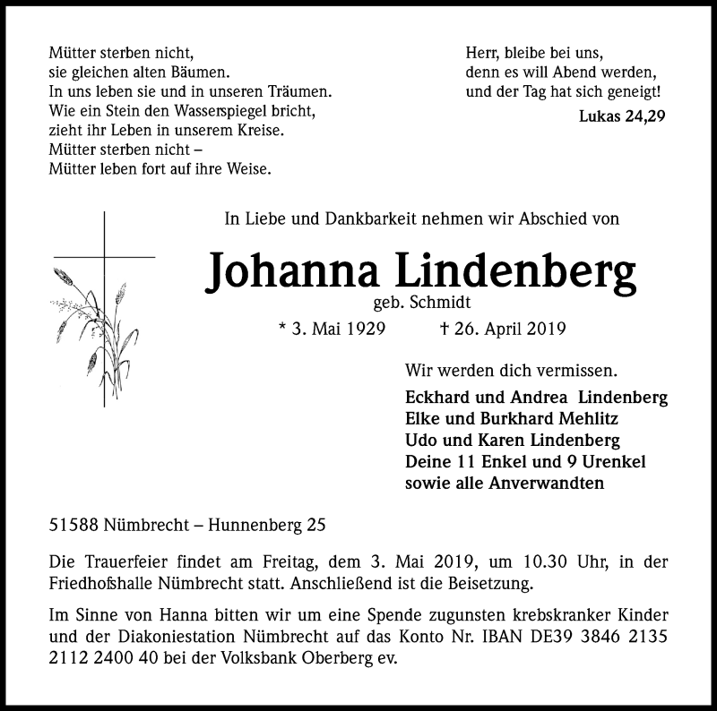  Traueranzeige für Johanna Lindenberg vom 30.04.2019 aus Kölner Stadt-Anzeiger / Kölnische Rundschau / Express