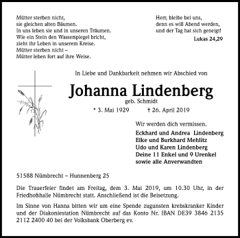 Anzeige von Johanna Lindenberg von Kölner Stadt-Anzeiger / Kölnische Rundschau / Express
