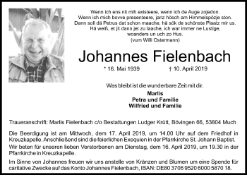 Anzeige von Johannes Fielenbach von Kölner Stadt-Anzeiger / Kölnische Rundschau / Express