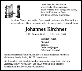 Anzeige von Johannes Kirchner von Kölner Stadt-Anzeiger / Kölnische Rundschau / Express