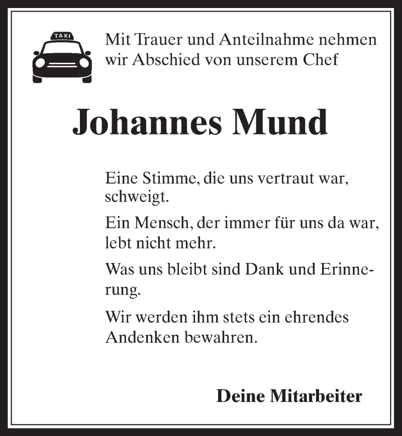  Traueranzeige für Johannes Mund vom 24.04.2019 aus  Wochenende 