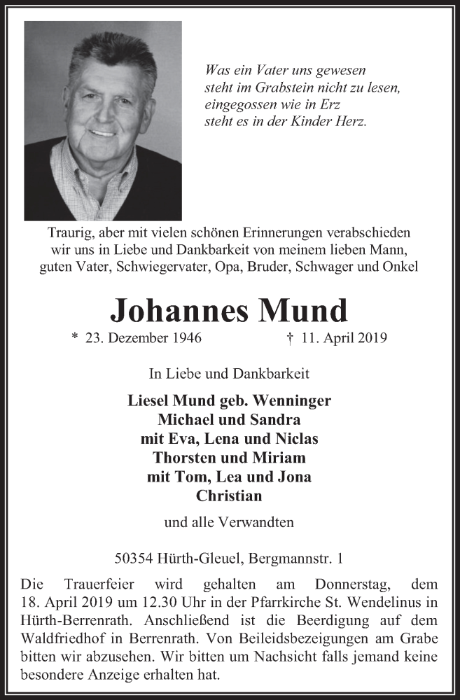  Traueranzeige für Johannes Mund vom 17.04.2019 aus  Wochenende 