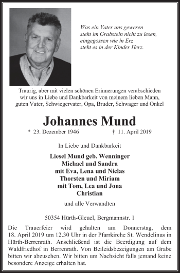 Anzeige von Johannes Mund von  Wochenende 