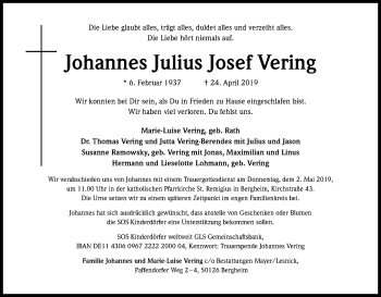 Anzeige von Johannes Julius Josef  Vering von Kölner Stadt-Anzeiger / Kölnische Rundschau / Express