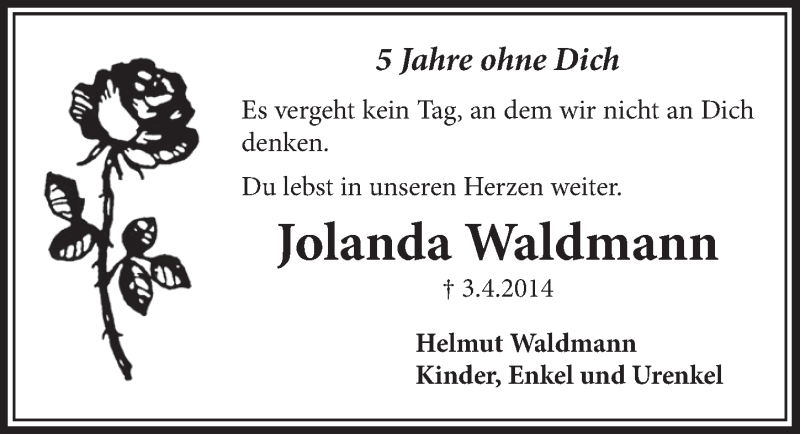  Traueranzeige für Jolanda Waldmann vom 03.04.2019 aus  Schlossbote/Werbekurier 