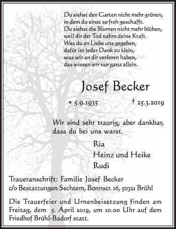 Anzeige von Josef Becker von  Schlossbote/Werbekurier 