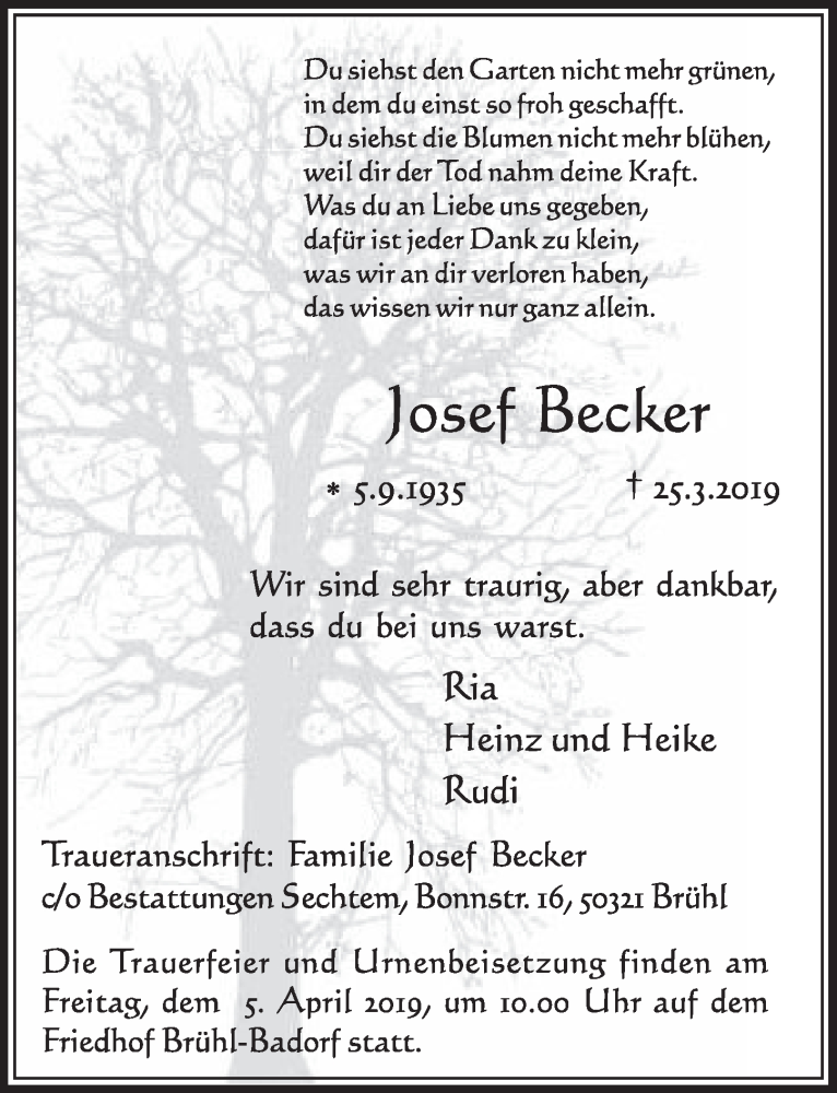  Traueranzeige für Josef Becker vom 03.04.2019 aus  Schlossbote/Werbekurier 