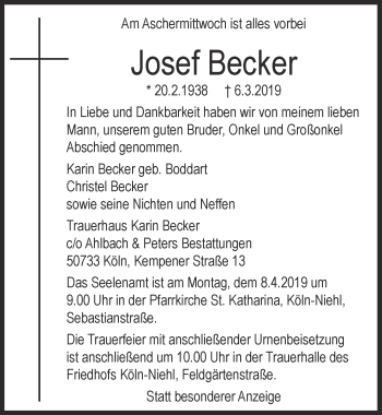 Anzeige von Josef Becker von  Kölner Wochenspiegel 