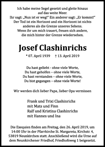Anzeige von Josef Clashinrichs von Kölner Stadt-Anzeiger / Kölnische Rundschau / Express