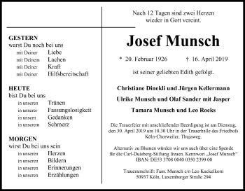 Anzeige von Josef Munsch von Kölner Stadt-Anzeiger / Kölnische Rundschau / Express