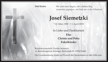 Anzeige von Josef Siemetzki von  Wochenende 