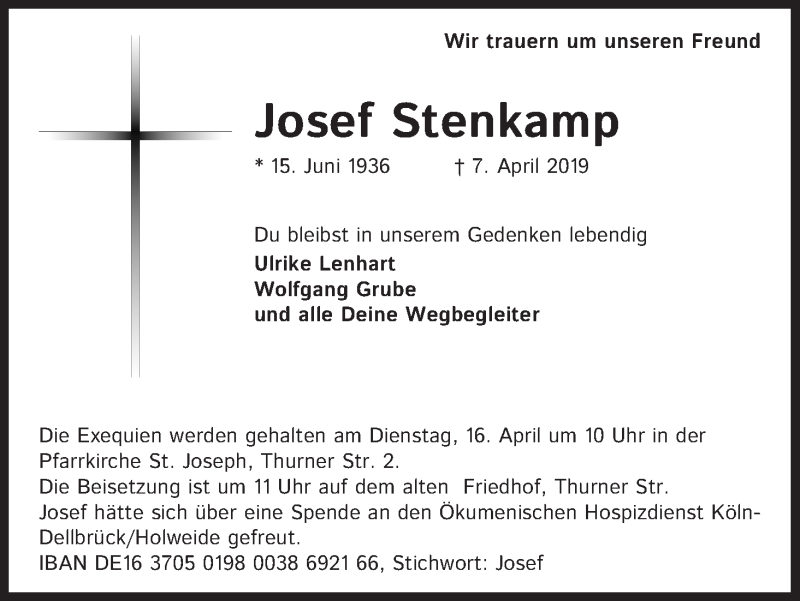  Traueranzeige für Josef Stenkamp vom 13.04.2019 aus Kölner Stadt-Anzeiger / Kölnische Rundschau / Express