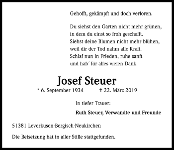 Anzeige von Josef Steuer von Kölner Stadt-Anzeiger / Kölnische Rundschau / Express
