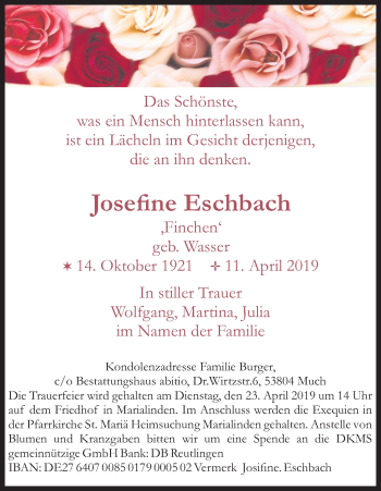 Anzeige von Josefine Eschbach von Kölner Stadt-Anzeiger / Kölnische Rundschau / Express