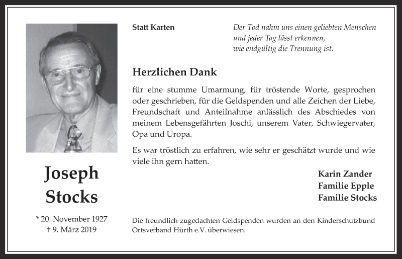  Traueranzeige für Joseph Stocks vom 18.07.2023 aus  Wochenende 