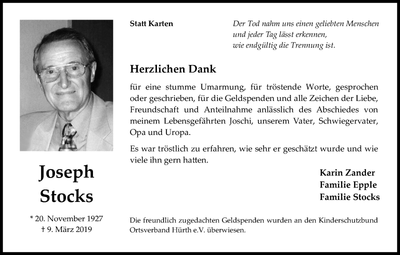  Traueranzeige für Joseph Stocks vom 18.07.2023 aus Kölner Stadt-Anzeiger / Kölnische Rundschau / Express