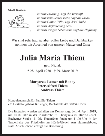 Anzeige von Julia Maria Thiem von  Wochenende 