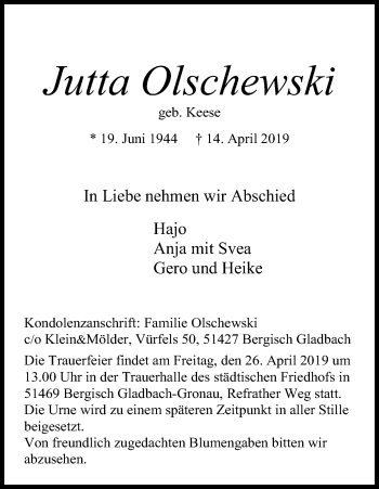 Anzeige von Jutta Olschewski von Kölner Stadt-Anzeiger / Kölnische Rundschau / Express