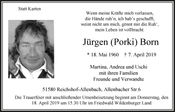 Anzeige von Jürgen Born von  Anzeigen Echo 