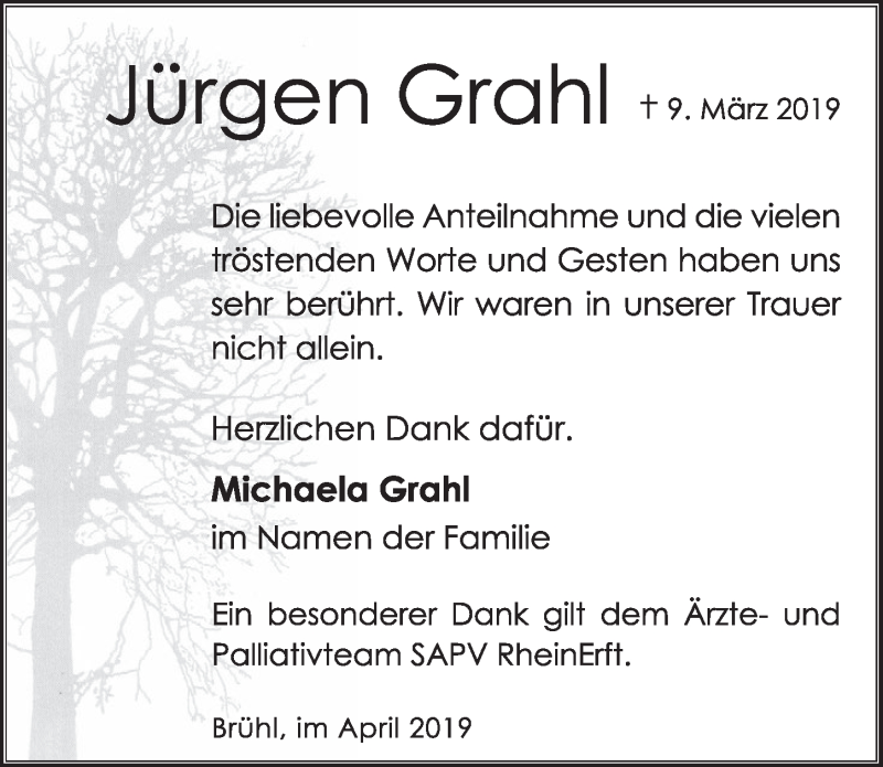  Traueranzeige für Jürgen Grahl vom 10.04.2019 aus  Schlossbote/Werbekurier 