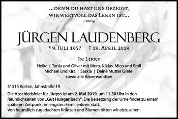Anzeige von Jürgen Laudenberg von Kölner Stadt-Anzeiger / Kölnische Rundschau / Express