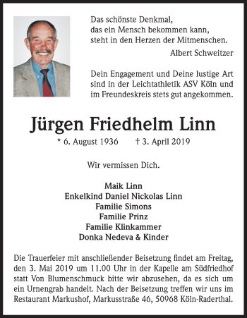 Anzeige von Jürgen Friedhelm Linn von Kölner Stadt-Anzeiger / Kölnische Rundschau / Express