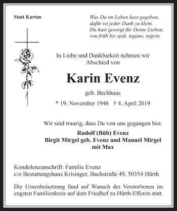 Anzeige von Karin Evenz von  Wochenende 