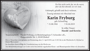 Anzeige von Karin Fryburg von  Sonntags-Post 