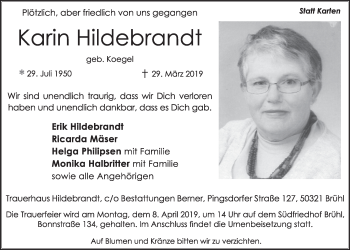 Anzeige von Karin Hildebrandt von  Schlossbote/Werbekurier 