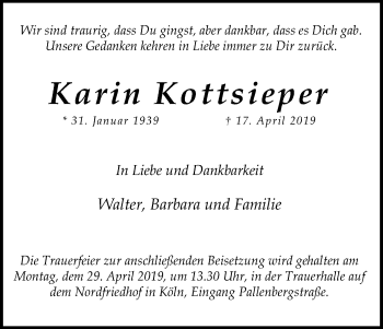 Anzeige von Karin Kottsieper von Kölner Stadt-Anzeiger / Kölnische Rundschau / Express