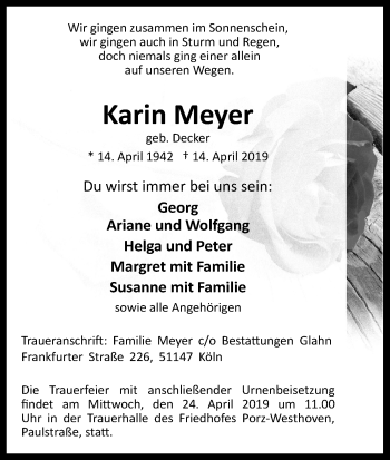 Anzeige von Karin Meyer von Kölner Stadt-Anzeiger / Kölnische Rundschau / Express