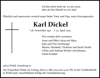 Anzeige von Karl Dickel von Kölner Stadt-Anzeiger / Kölnische Rundschau / Express