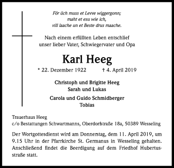 Anzeige von Karl Heeg von Kölner Stadt-Anzeiger / Kölnische Rundschau / Express