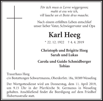 Anzeige von Karl Heeg von  Schlossbote/Werbekurier 
