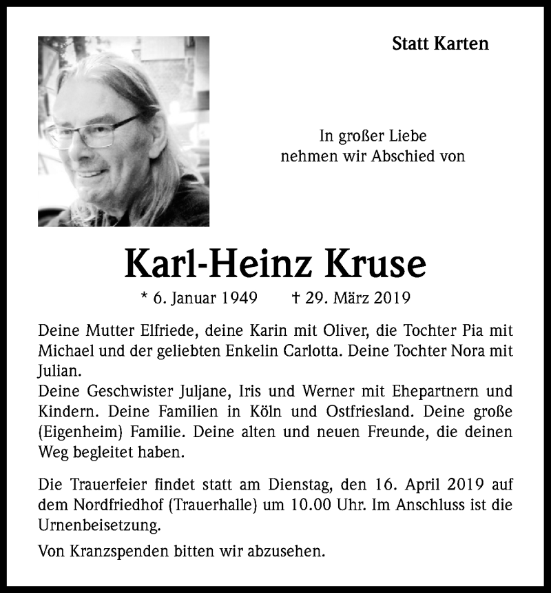  Traueranzeige für Karl-Heinz Kruse vom 13.04.2019 aus Kölner Stadt-Anzeiger / Kölnische Rundschau / Express