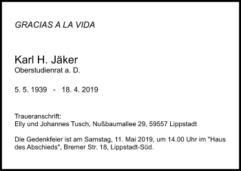 Anzeige von Karl H. Jäker von Kölner Stadt-Anzeiger / Kölnische Rundschau / Express