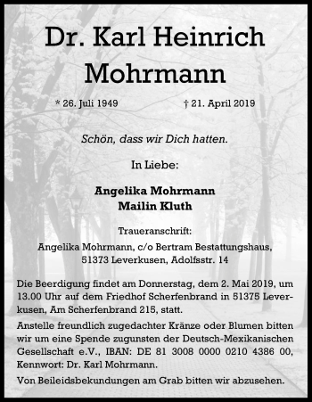 Anzeige von Karl Heinrich Mohrmann von Kölner Stadt-Anzeiger / Kölnische Rundschau / Express