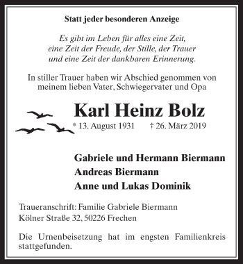 Anzeige von Karl Heinz Bolz von  Wochenende 