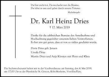 Anzeige von Karl Heinz Dries von Kölner Stadt-Anzeiger / Kölnische Rundschau / Express