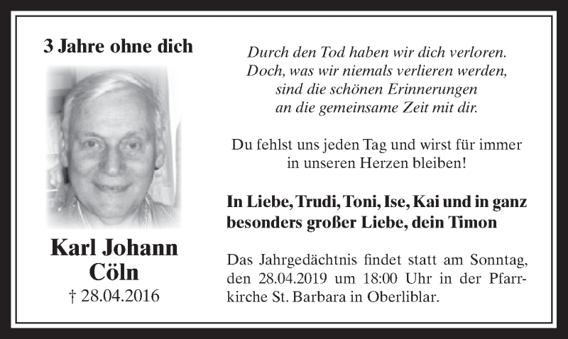  Traueranzeige für Karl Johann Cöln vom 24.04.2019 aus  Werbepost 