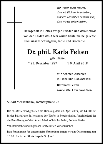 Anzeige von Karla Felten von Kölner Stadt-Anzeiger / Kölnische Rundschau / Express