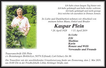 Anzeige von Kaspar Plein von  Sonntags-Post 