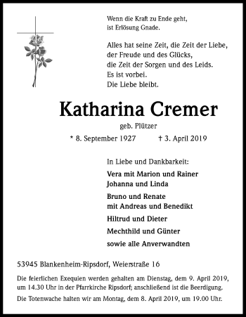 Anzeige von Katharina Cremer von Kölner Stadt-Anzeiger / Kölnische Rundschau / Express