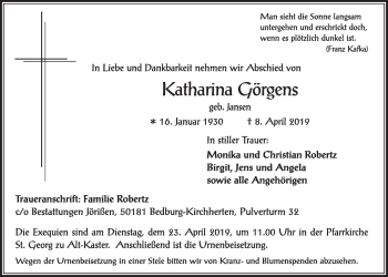 Anzeige von Katharina Görgens von  Sonntags-Post 
