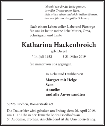 Anzeige von Katharina Hackenbroich von  Sonntags-Post 