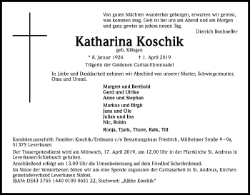 Anzeige von Katharina Koschik von Kölner Stadt-Anzeiger / Kölnische Rundschau / Express