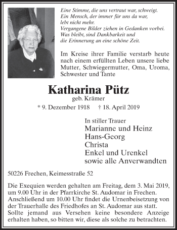 Anzeige von Katharina Pütz von  Sonntags-Post 