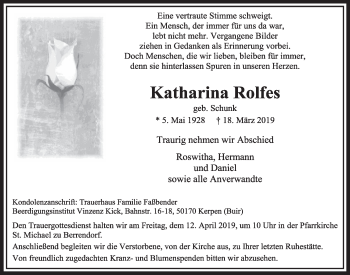 Anzeige von Katharina Rolfes von  Sonntags-Post 